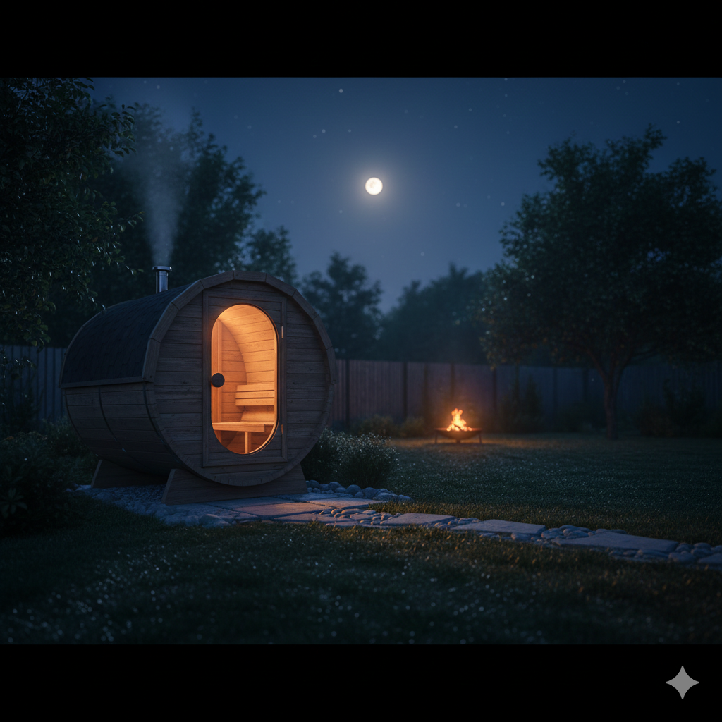 "An exterior view of a Truregalia barrel sauna glowing with warm amber light in a moonlit garden at twilight, featuring a background fire pit and stone path to showcase a premium home resort evening sanctuary."