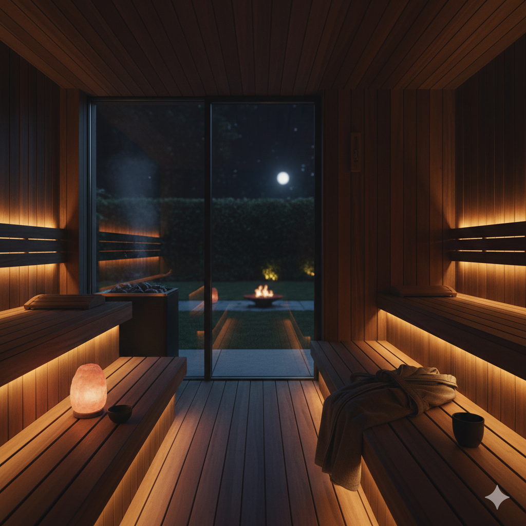 "Interior of a luxury cedar sauna at night, featuring ambient under-bench LED lighting, a glowing Himalayan salt lamp, and a folded premium robe, overlooking a moonlit garden and fire pit to illustrate the Truregalia Evening Restoration ritual."