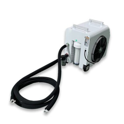 0.8 HP cold plunge chiller connected to tub with two quick-connect hoses installed