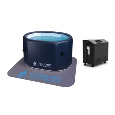 Dynamic Cold Therapy inflatable cold plunge tub on branded mat beside separate portable water chiller.