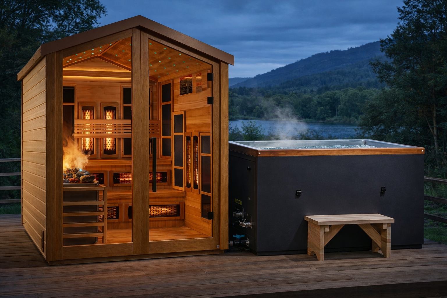 Fire and Ice Treatment, hybrid sauna next to cold plunge tub
