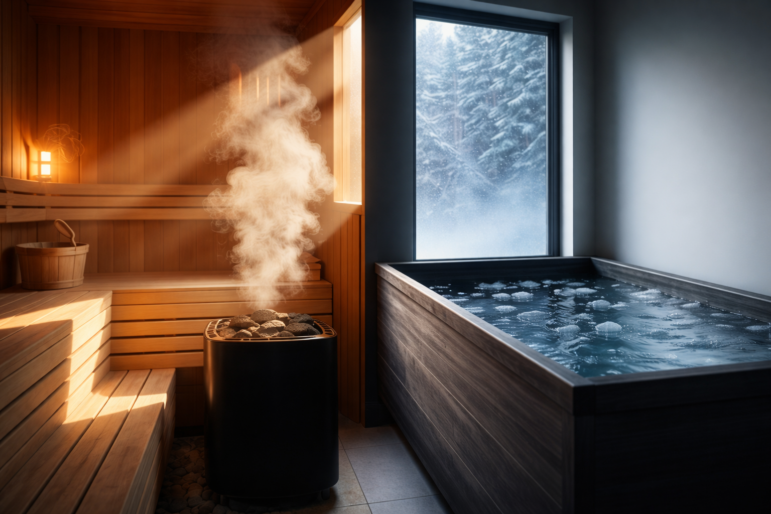 Fire and ice contrast therapy image showing a luxury cedar sauna with rising steam beside an icy cold plunge tub in a modern wellness space overlooking snowy forest scenery