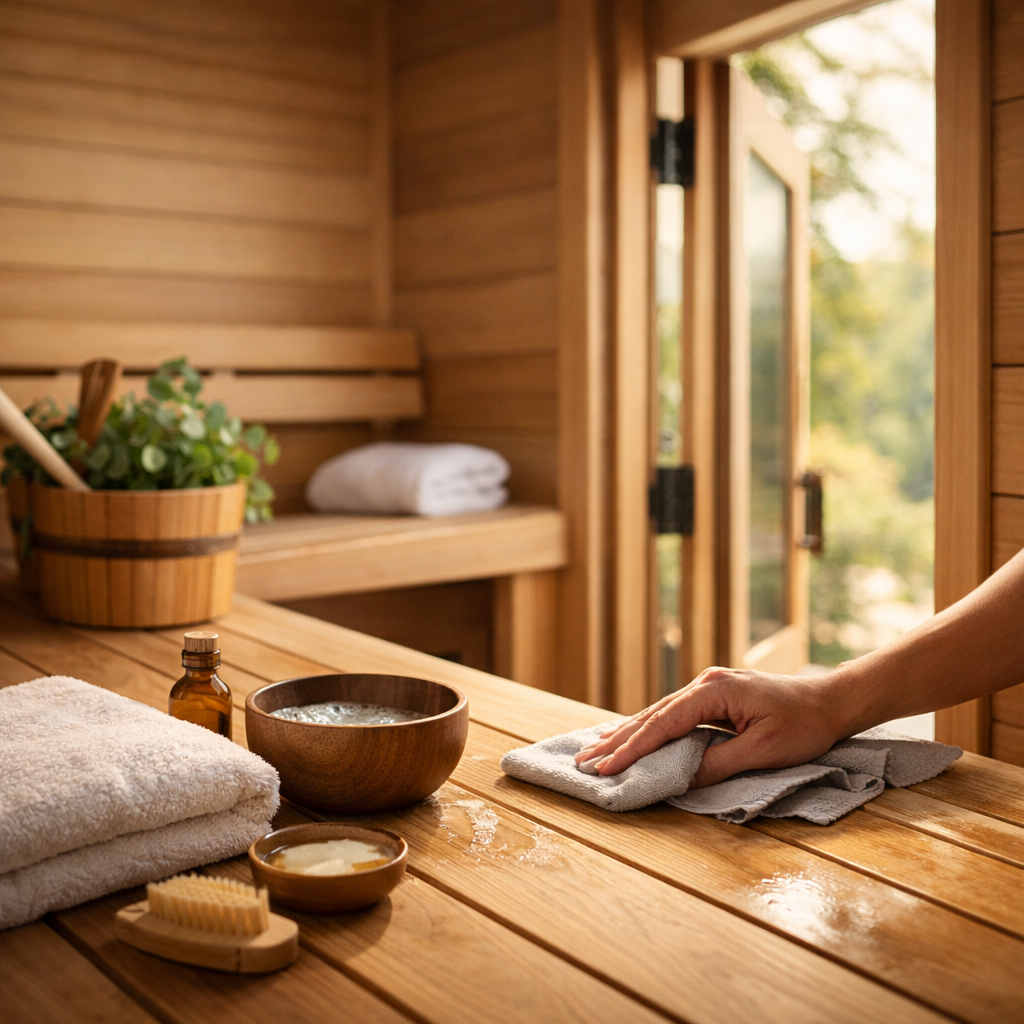 A clean, sunlit home in Premium Sauna Materialse sauna with natural Canadian Hemlock wood as a hand wipes the bench with a damp cloth.