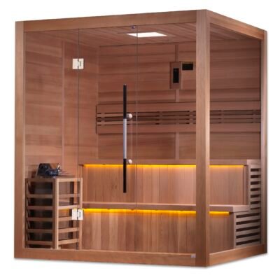 Side perspective of 6 person traditional sauna with tempered glass door and integrated heater system