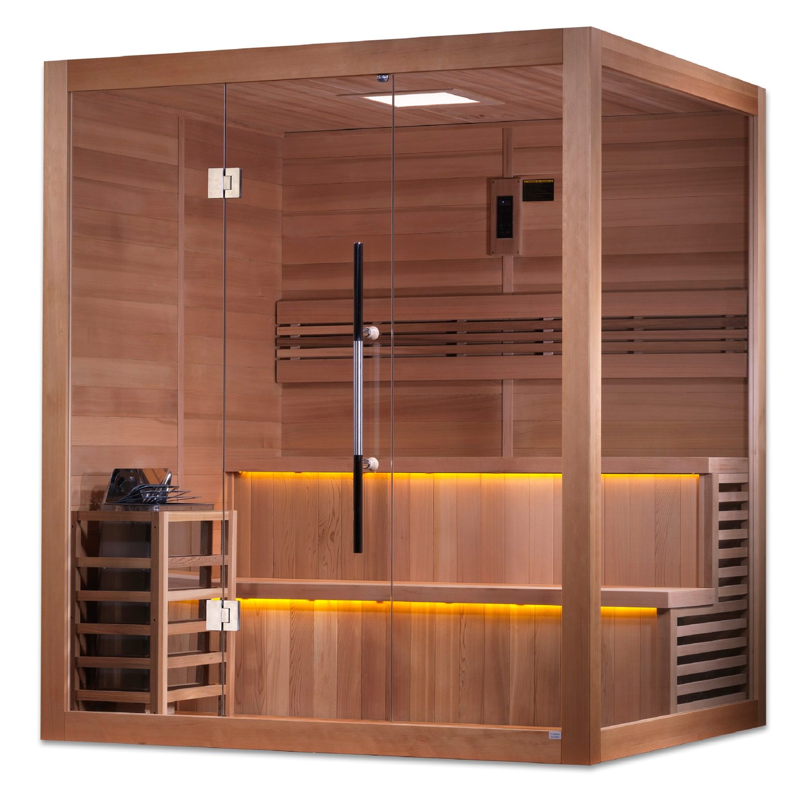 Side perspective of 6 person traditional sauna with tempered glass door and integrated heater system