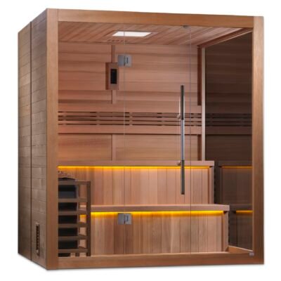 Side perspective of 6 person traditional sauna with tempered glass door and integrated heater system