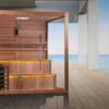 Golden Designs Kuusamo Edition 6 person traditional sauna with Red Cedar interior and glass door in modern oceanfront setting