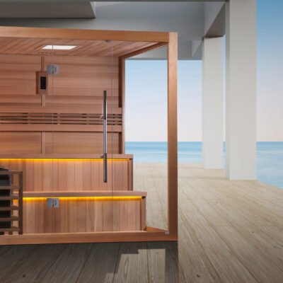 Golden Designs Kuusamo Edition 6 person traditional sauna with Red Cedar interior and glass door in modern oceanfront setting