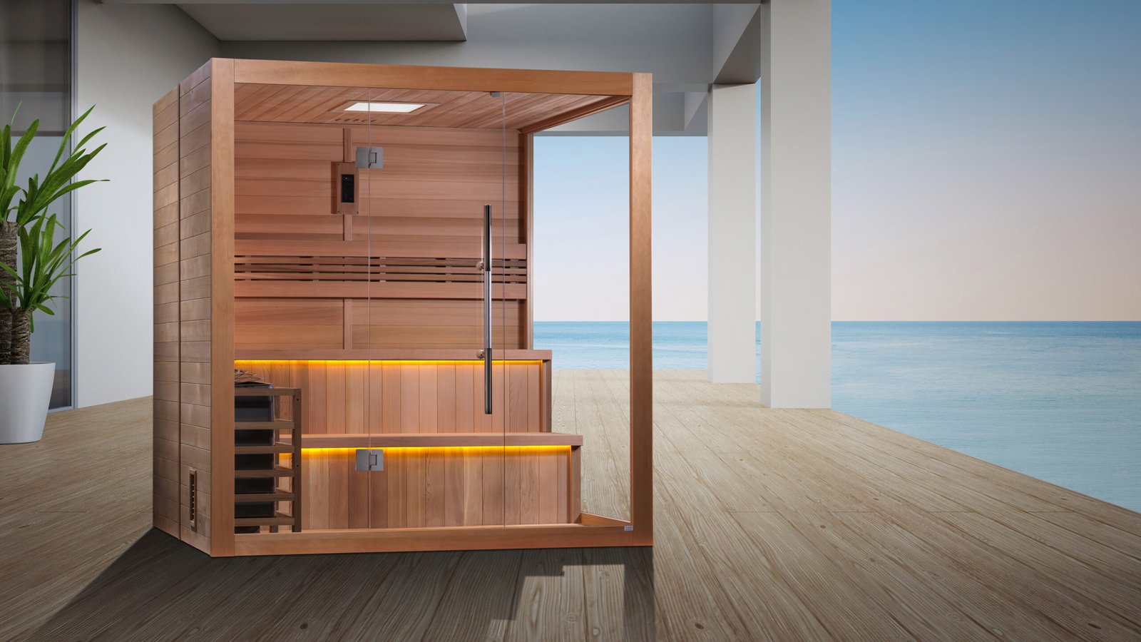 Golden Designs Kuusamo Edition 6 person traditional sauna with Red Cedar interior and glass door in modern oceanfront setting