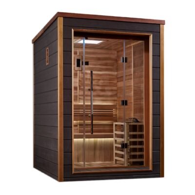 Side angle of 2 person outdoor traditional sauna showing espresso exterior and interior bench seating