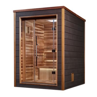 Side angle of 2 person outdoor traditional sauna showing espresso exterior and interior bench seating
