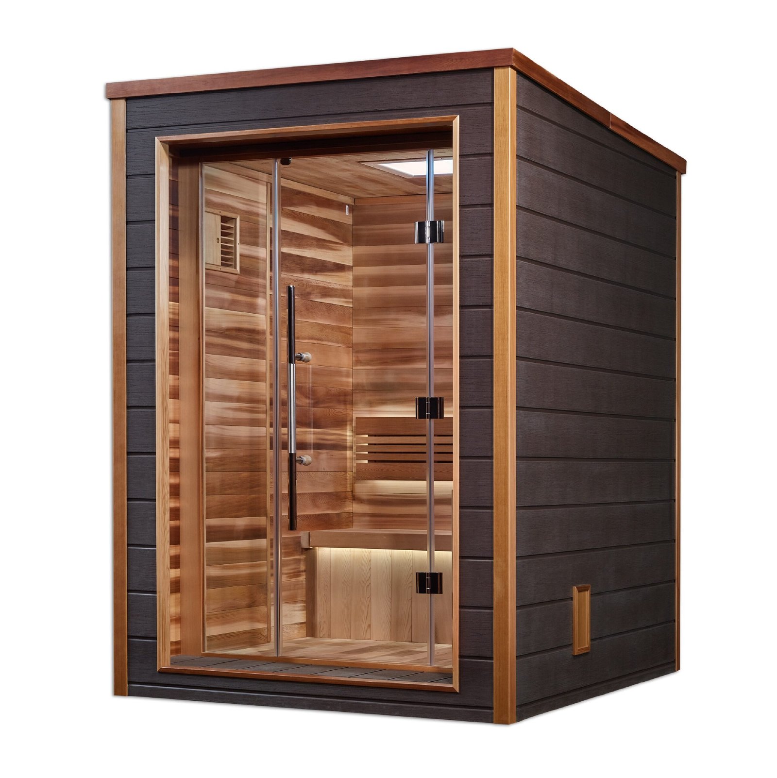 Side angle of 2 person outdoor traditional sauna showing espresso exterior and interior bench seating