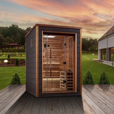 Golden Designs Narvik 2 person outdoor traditional sauna in landscaped backyard setting