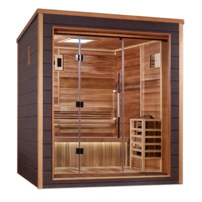 3 person outdoor traditional sauna with tempered glass door and Canadian Red Cedar interior