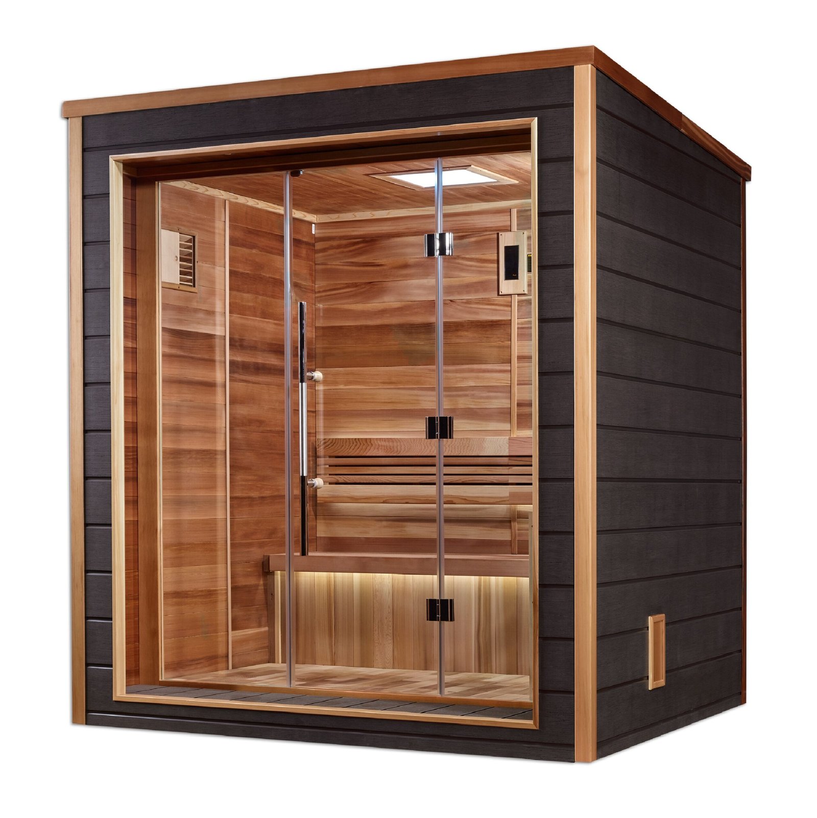 3 person outdoor traditional sauna with tempered glass door and Canadian Red Cedar interior