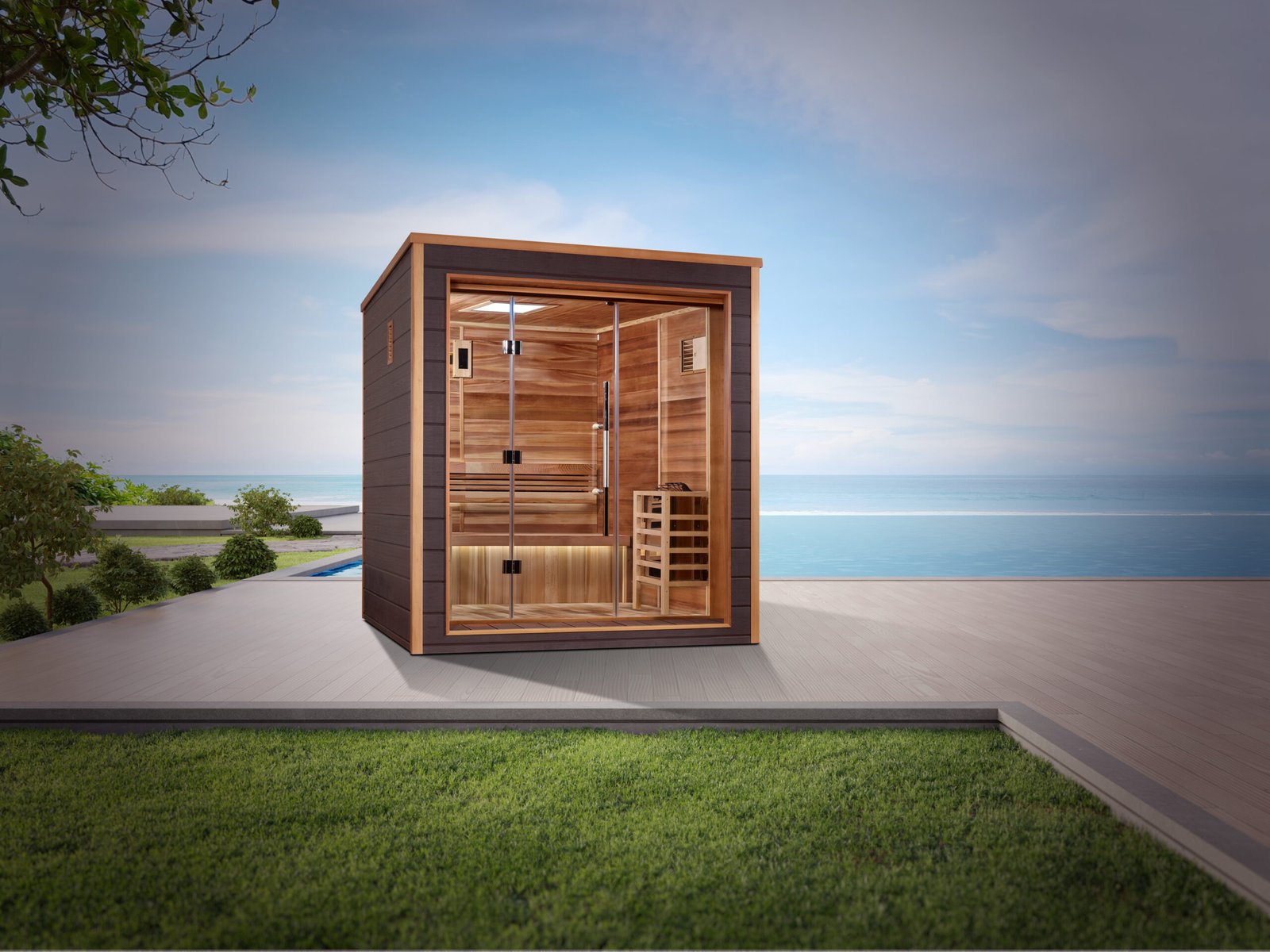 Golden Designs 3 person outdoor traditional sauna installed on modern patio overlooking water
